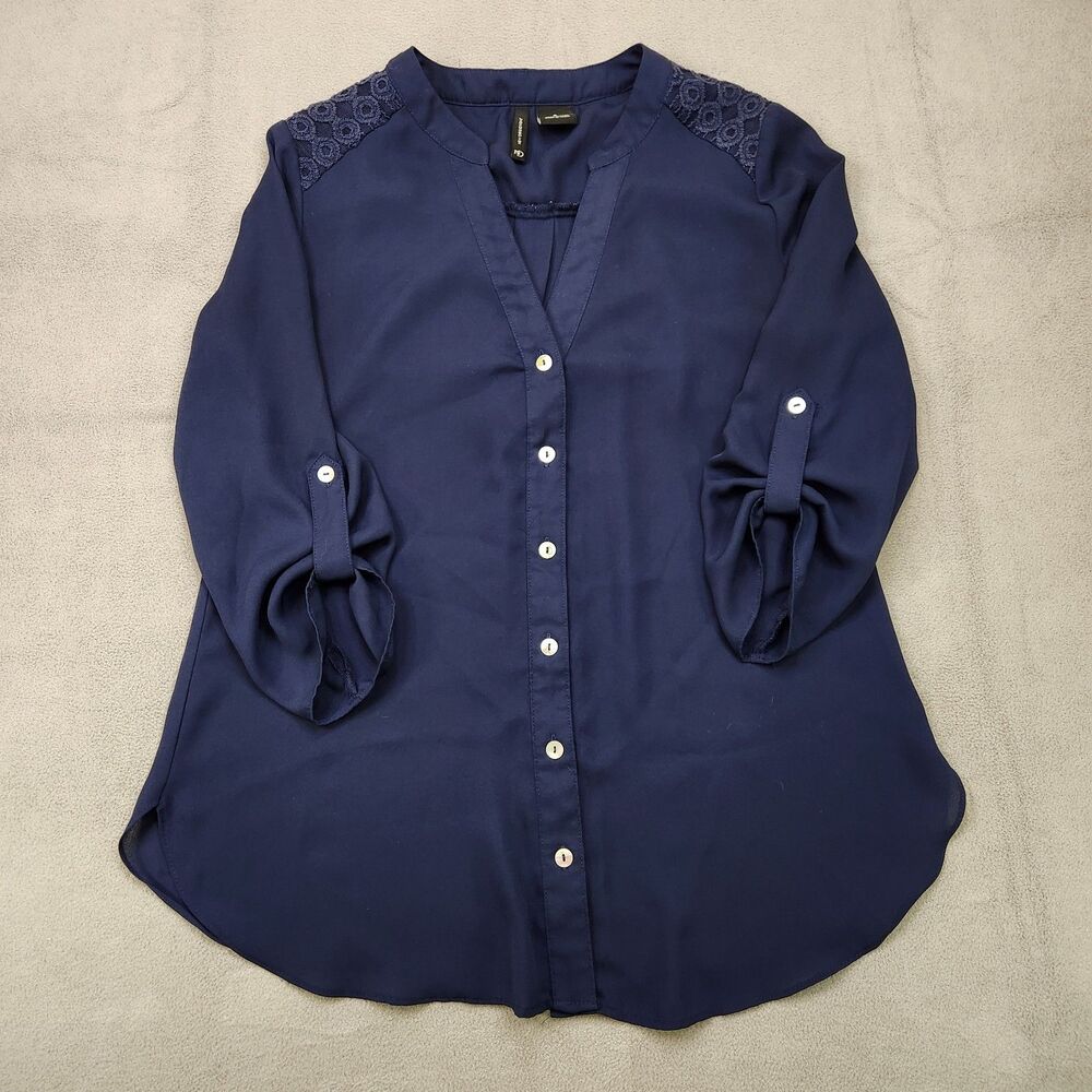 New Directions Button Up Blouse Women's S Navy Blue 3/4 Roll Tab Sleeve V-Neck
